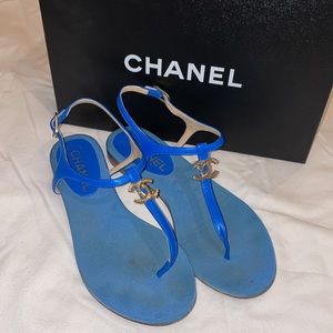 Chanel Blue Leather CC Thong Flat Ankle-Strap Sandals Size 36